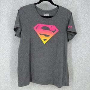 Under Armour Womens Superman T Shirt Size XL Gray Pink Semi Fitted Logo Casual